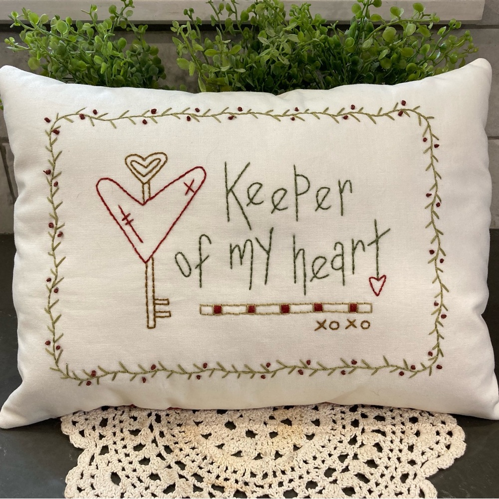 Keeper of my heart hand embroidered toss pillow